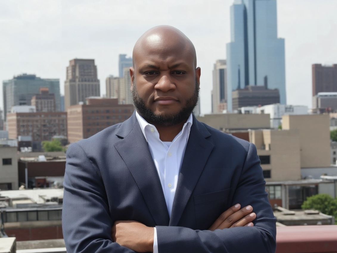 Man in suit with city skyline background.