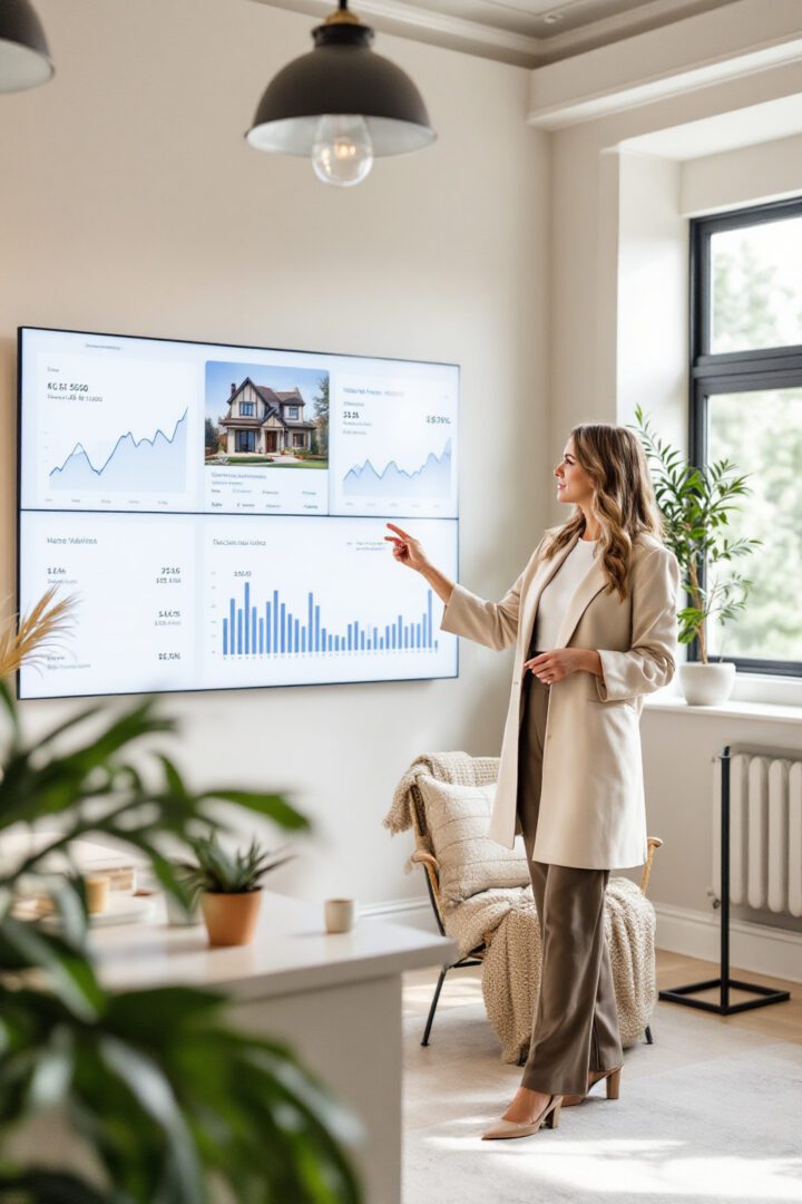 Woman presenting financial data on screen.