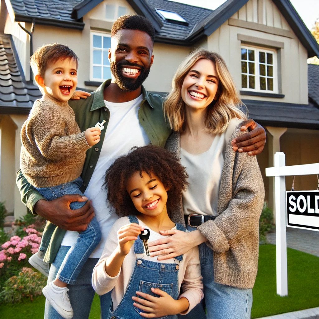 Family celebrating outside their new home.