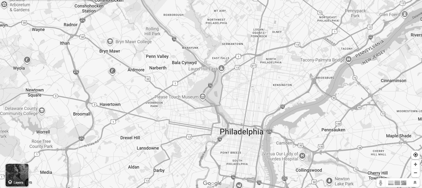 Map highlighting Philadelphia and the Schuylkill River.