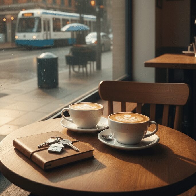 Cozy cafe table with coffee cups and a book by the window.