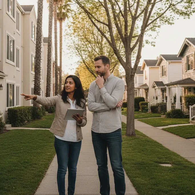 Couple walking and talking on a residential street on a sunny day.