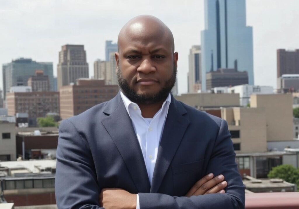 Man in suit with city skyline background.