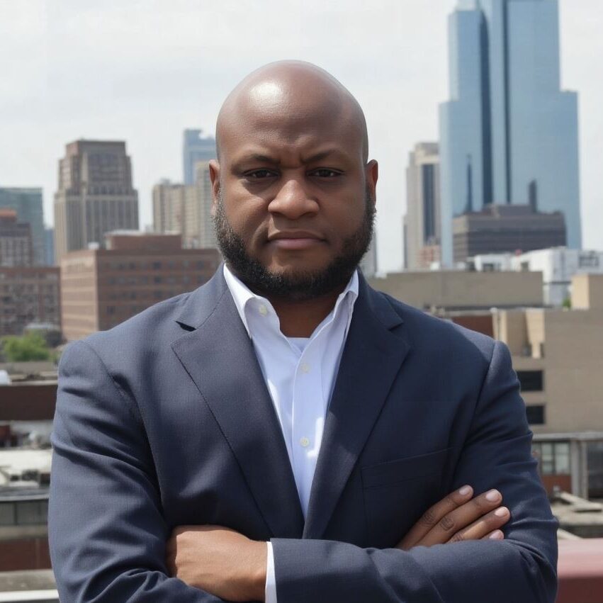 Man in suit with city skyline background.