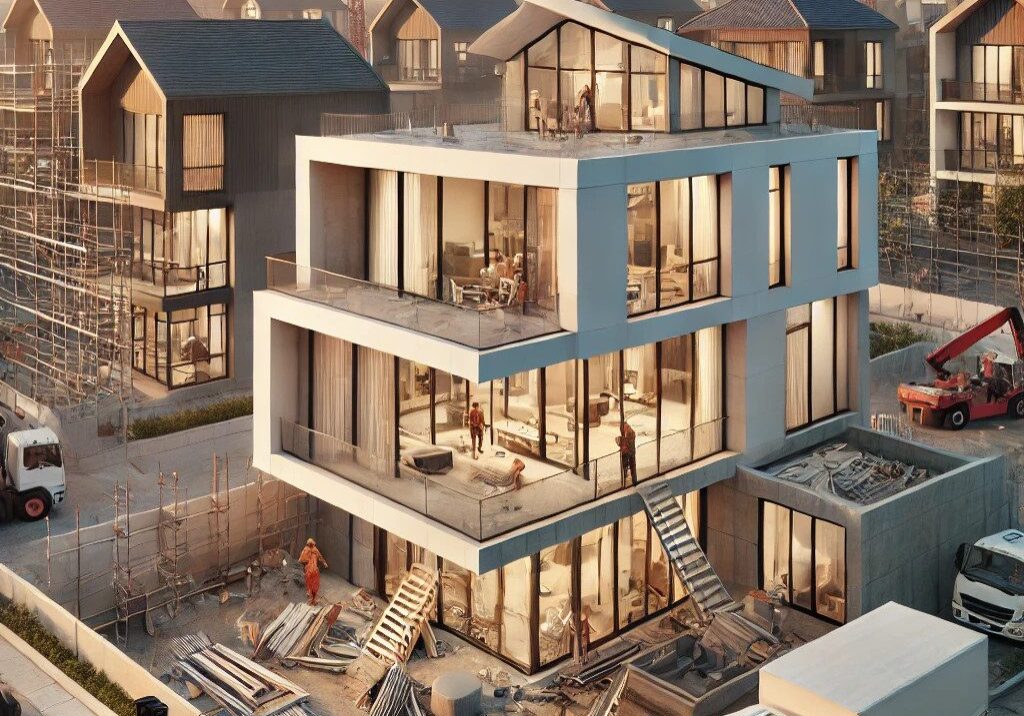 Modern house construction with cranes and trucks.