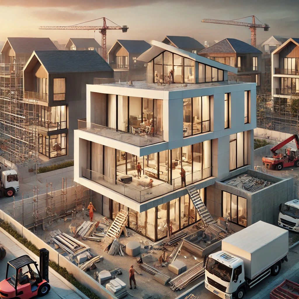 Modern house construction with cranes and trucks.