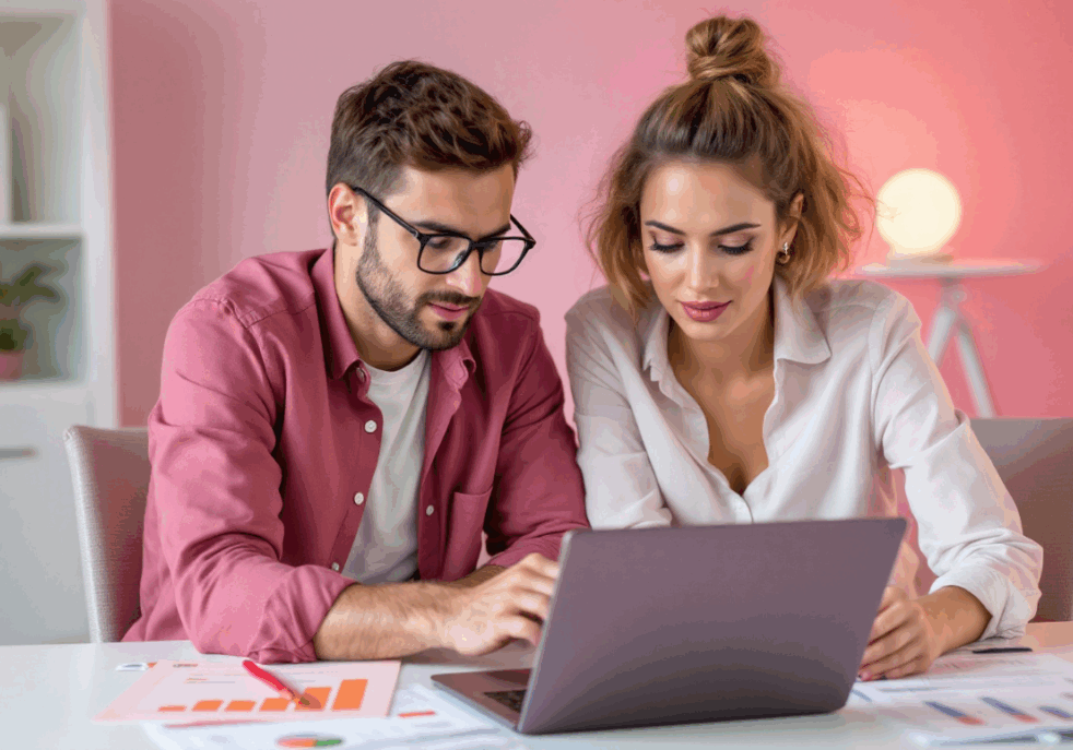 Man and woman working on laptop together.