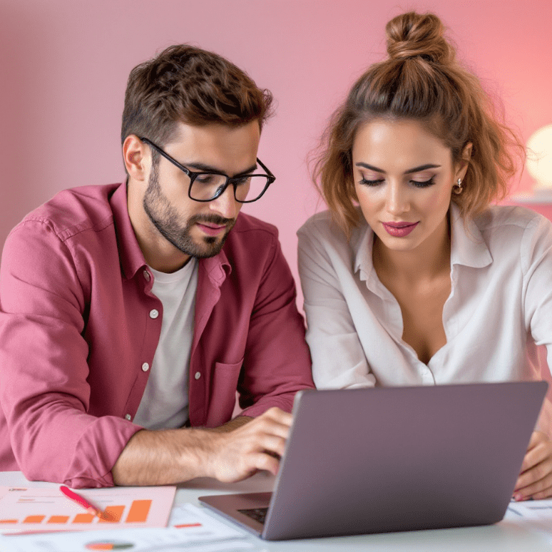 Man and woman working on laptop together.