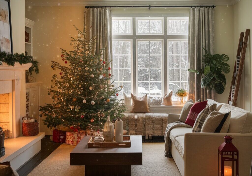 Cozy living room with Christmas tree, fireplace.