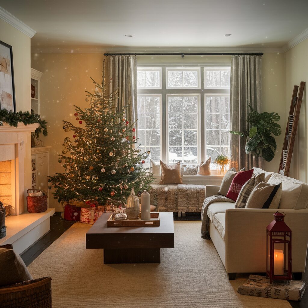 Cozy living room with Christmas tree, fireplace.