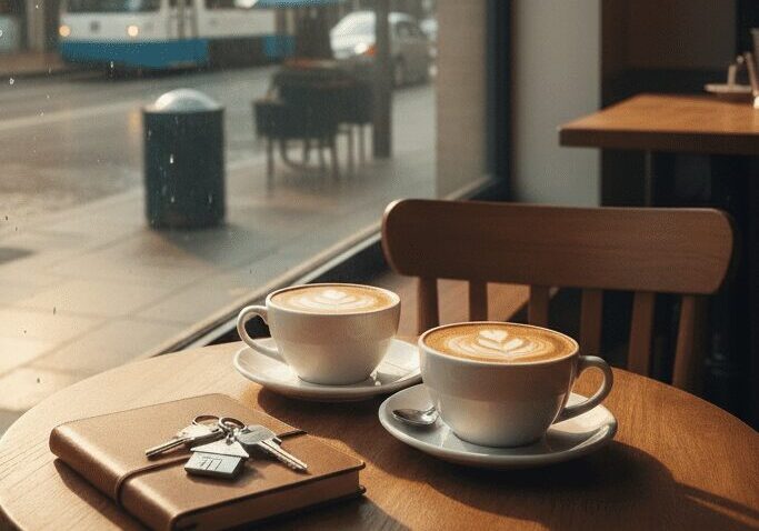 Cozy cafe table with coffee cups and a book by the window.