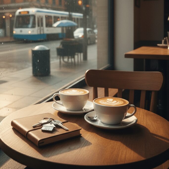 Cozy cafe table with coffee cups and a book by the window.