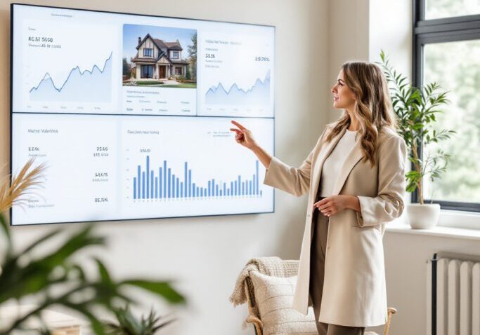 Woman presenting financial data on screen.