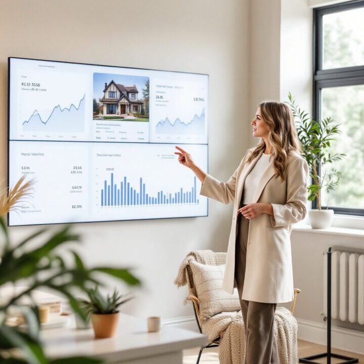 Woman presenting financial data on screen.