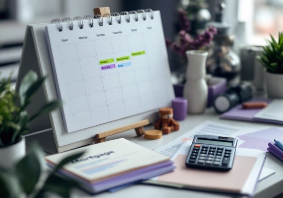 Desk calendar with stationery and calculator.