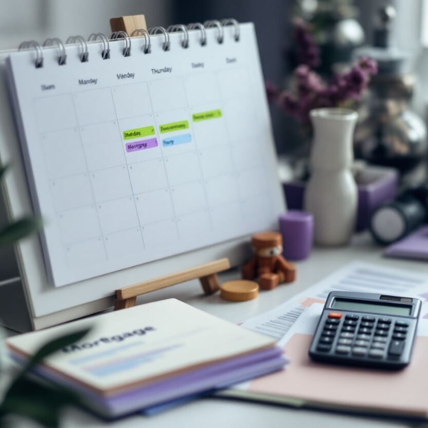 Desk calendar with stationery and calculator.