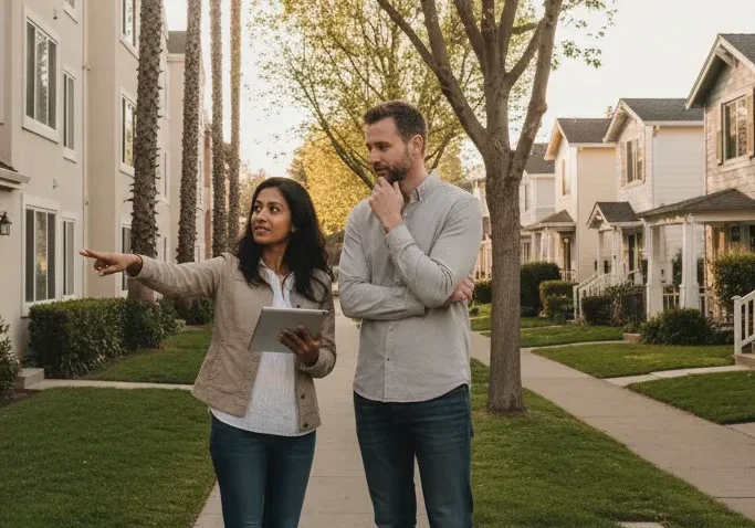Couple walking and talking on a residential street on a sunny day.