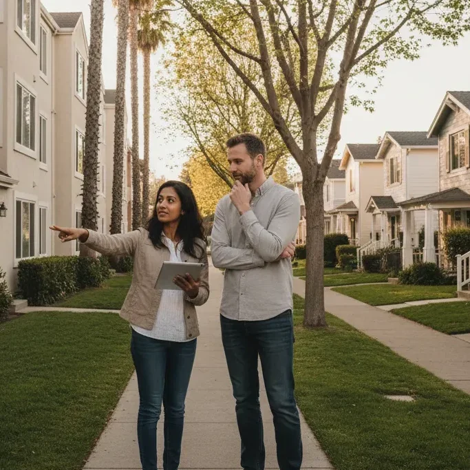 Couple walking and talking on a residential street on a sunny day.
