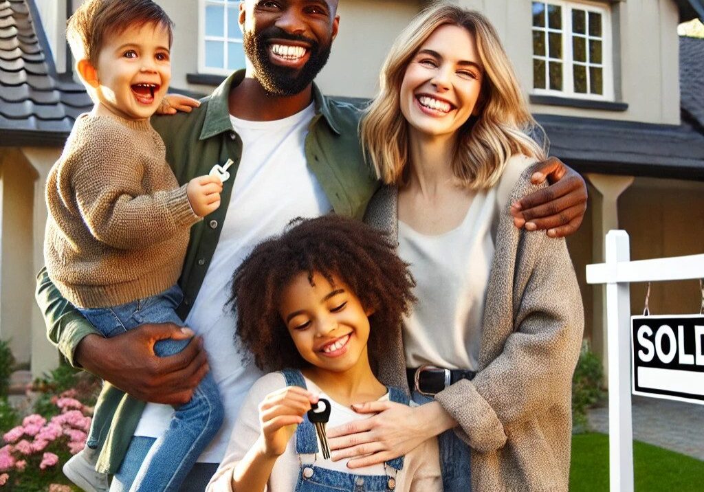 Family celebrating outside their new home.